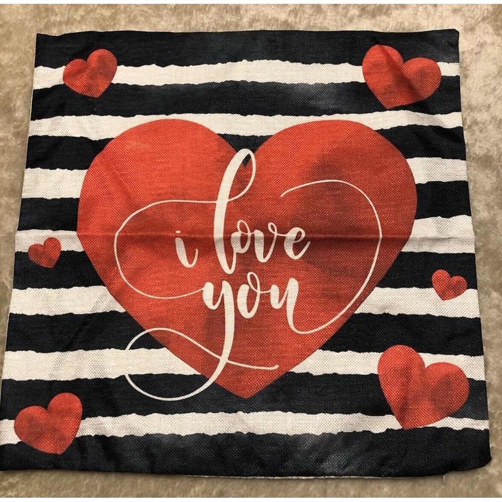 New I love You Pillow Cover Valentines Day 18x18 striped hearts square